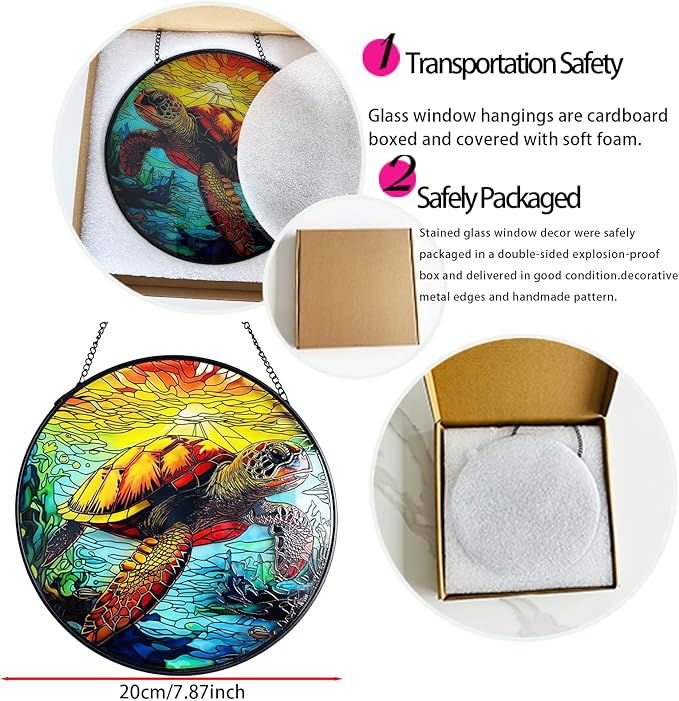 RIVEENY Sea Turtle Glass Window Hanging,8" Sea Turtle Decor Sun Catchers,Stained Glass Sun Catcher Hanging Decoration with Metal Chain,Sun Catchers for Window Decor Outdoor Garden Decor