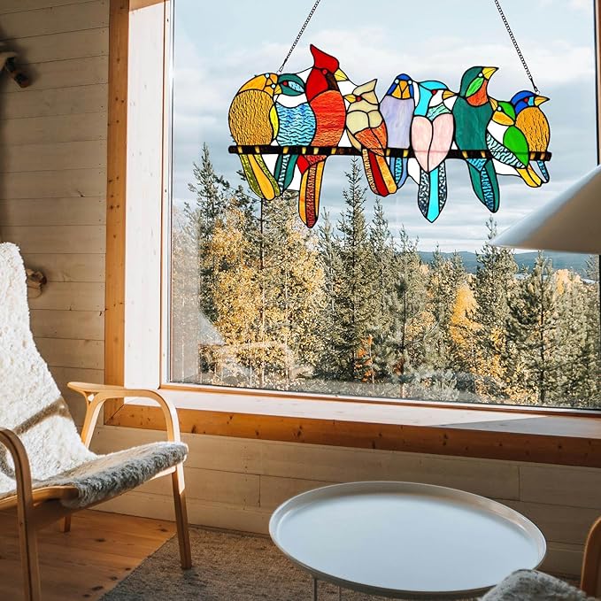 Stained Glass Birds Window Hangings, 9 Multicolor Stained Glass Birds on Branch Suncatcher, Handmade Tiffany Style Glass Birds Lovers Gifts Decor for Mother, Women