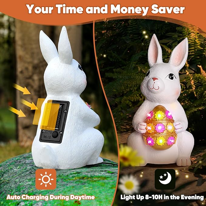 Brightever Outdoor Solar Garden Statues, Bunny with Easter Egg and 9 RGB LED Lights, Outdoor Figurine Lights - Solar Powered Garden Sculpture Easter Gifts for Kids, Women, Wife, Birthday