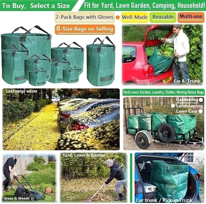 Professional 2-Pack 80 Gallon Big Lawn Yard Garden Bags (D26, H33 inch) with Gardening Gloves, Yard Waste Bag,Debris Bag,Camping Waste Bag,Recycle Bag,Grass Clippings Bag,Weeds Bag,Leaf Bags 4 Handles