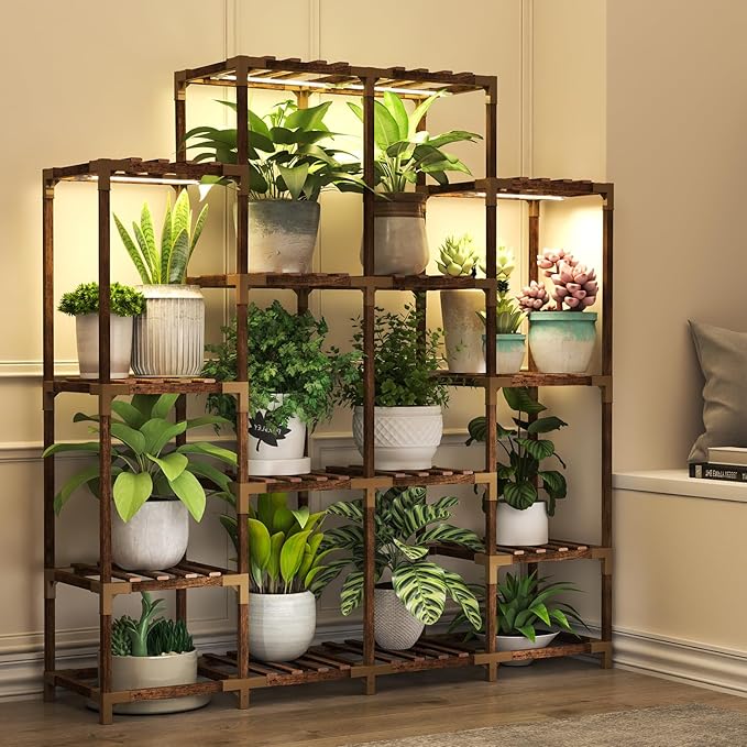 HOMKIRT 16 Tier Plant Stand with Four Headed Grow Lights, Plant Shelf with Grow Light, Wood Plant Stand Rack Flower Stand for Patio Porch Living Room