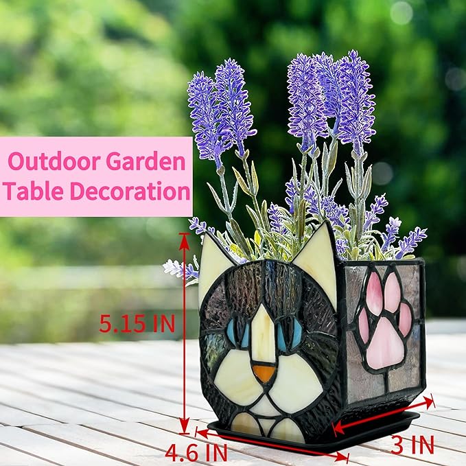 Stained Glass Black Cat Flower Pot,Succulent Pots with Drainage,Unique Black Cat Planter,Flower Pots for Indoor Plants,Glass Container Display Decoration,Cute Plant Gifts