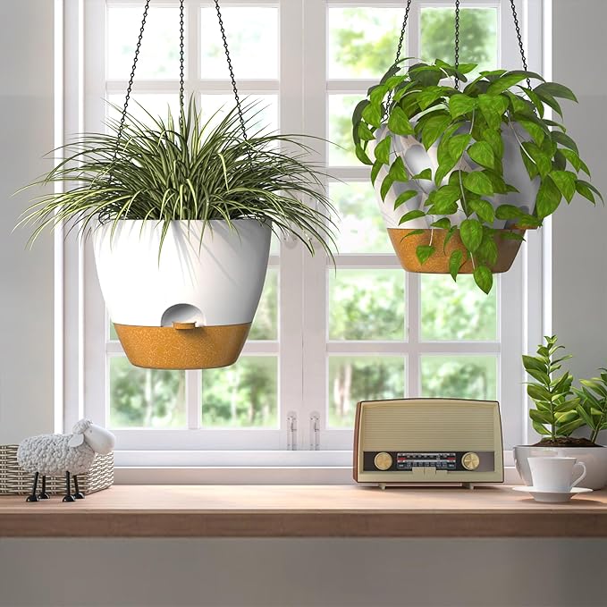 ZMTECH 12 Inch Hanging Planters for Indoor Outdoor Plants, 2 Pack Self Watering Hanging Plant Pots with Drainage Hole, Visual Reservoir, Plastic Flower Hanging Pots with Watering Lip (White)