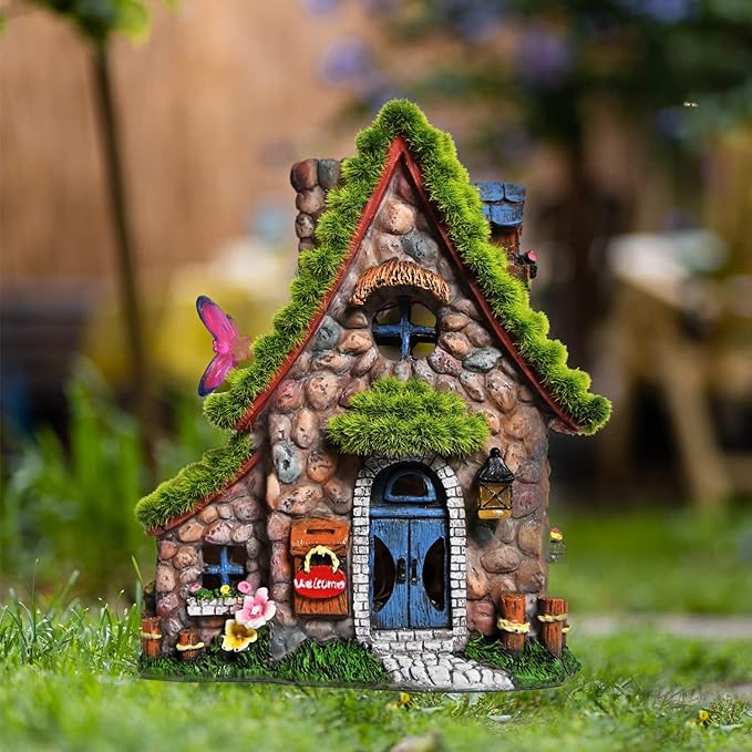 ASAWASA Resin Fairy House Statues with Solar Powered Lights, Funny Garden Sculptures with Flocked and Cobblestone Decor, Exquisite Garden Cottage Figurines