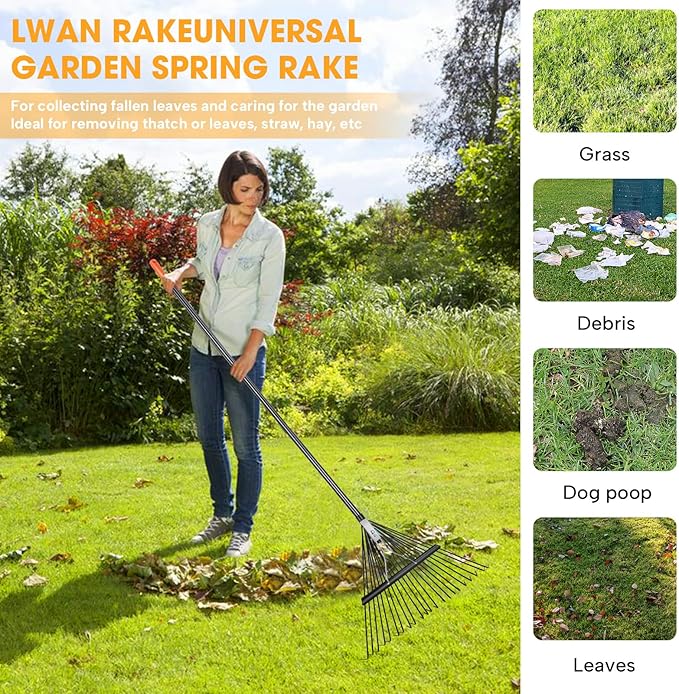 High-Carbon Steel Gardening Leaf Rake, Suitable for Raking Leaves and Lawn Tidying,Adjustable Split Long Handle33-67, 22tines 22.8" Wide,Garden rake and thatch rake Suitable for Adults