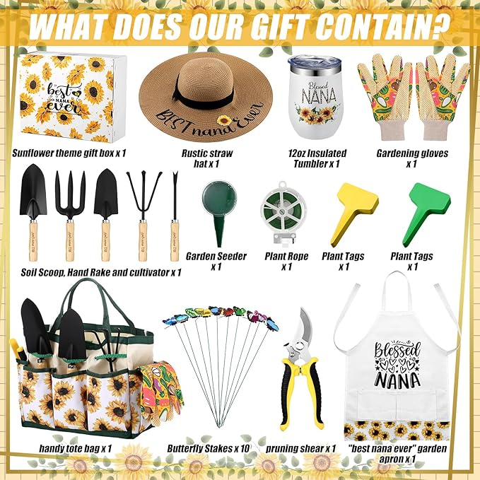 Lasnten 16 Pcs Gardening Tools Set Nana Gifts Birthday Gifts for Nana Grandma with Gloves Apron and Hat Tote Bag Insulation Cup Blessed Nana Ever Gifts Set for Plant Lover from Grandkids Grandson