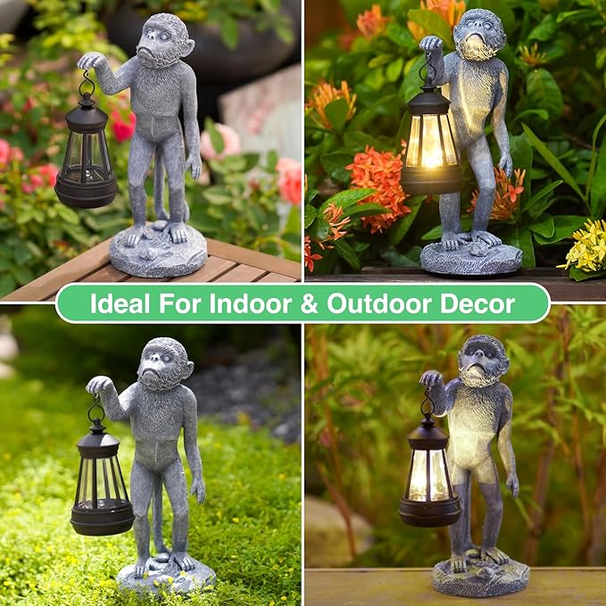 Garden Statue Monkey Figurine - Monkey Decor with Solar Powered Led Lights for Patio Lawn Balcony Yard - Ideal Gift for Women Moms Grandma Housewarming