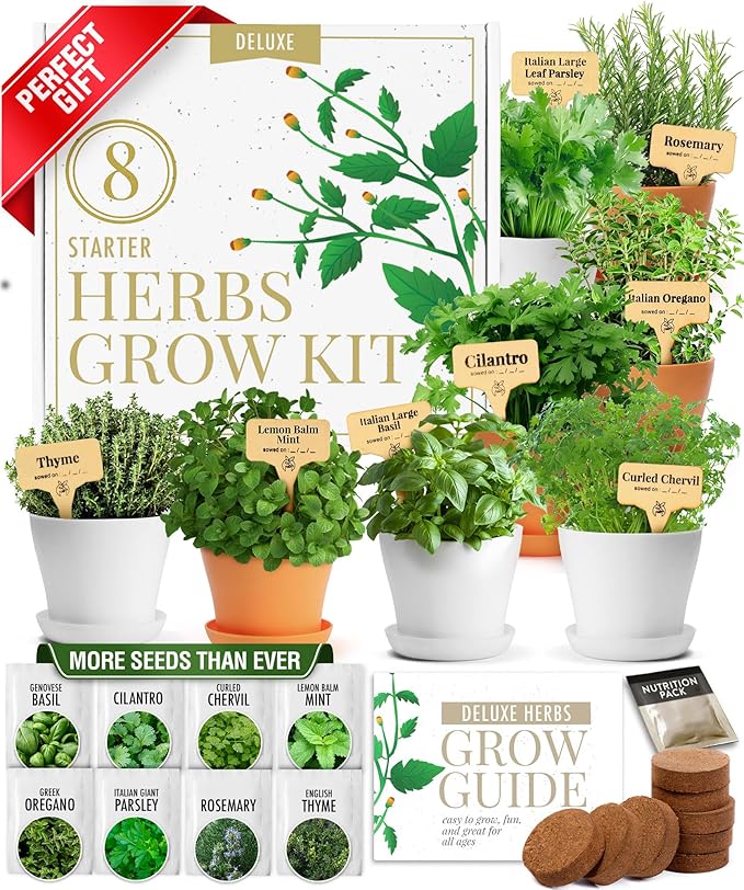 HOME GROWN Deluxe 8 Herb Garden Kit – Birthday Gifts for Women, Unique Gardening Present for Mom, Her, Friend – Easter Gift Gardeners, New Home Housewarming Kitchen Live Plant Starter