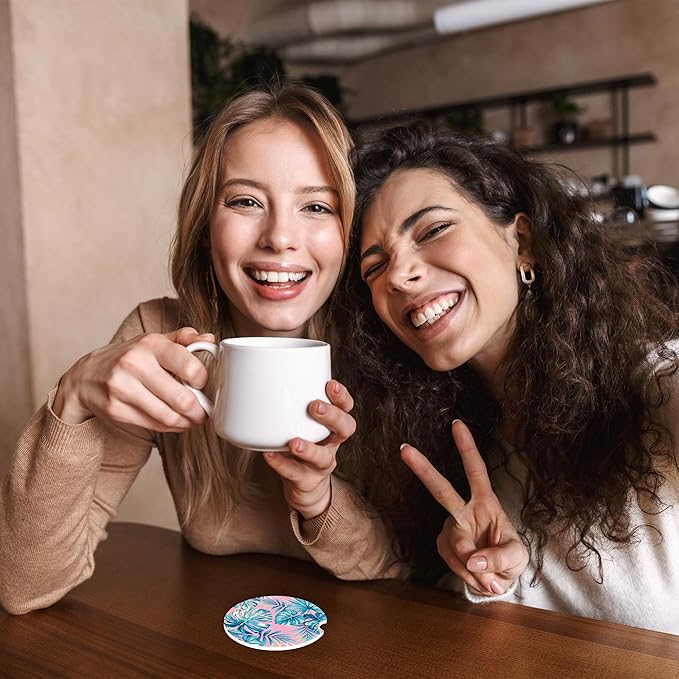 Tropical Pink Palm Leaves Car Coasters,Ceramic Absorbent Cup Holders with Finger Notch & Cork Base Car Assecories for Women/Men 2.6"(2 Pieces)