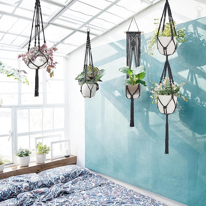 Mkono Macrame Plant Hangers, 5 Pack Different Tiers Indoor Hanging Planters Basket with 5 Hooks Decorative Flower Pots Holder Stand Boho Home Decor, Black