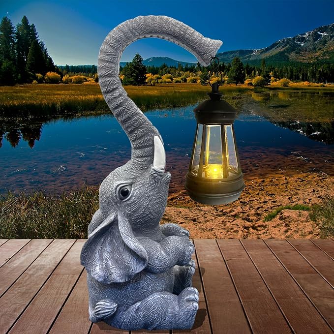 10.6 Inch Statue Elephant with Solar Outdoor Lights for Garden Decor,Lucky Present with Appeal for Birthdays(Man and Women and Family),Unique Housewarming Presents and Yard Decor. (Gray)