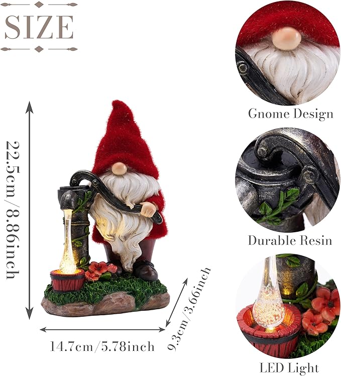 TERESA'S COLLECTIONS Resin Garden Gnomes Decor with Solar Lights, Red Outdoor Decorations for Porch Patio, Gifts for Women and Men,Outdoor Garden Decor Ornaments for Outside, 9"