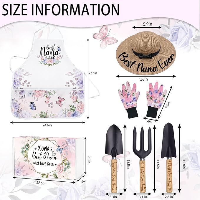 Nana Gifts for Mothers Day, Gardening Tools Kit with Gloves Apron and Hat, Best Nana Ever Gifts for Plant Lover, Gardening Gifts Set for Christmas, Grandma Gifts from Grandkids Grandchildren