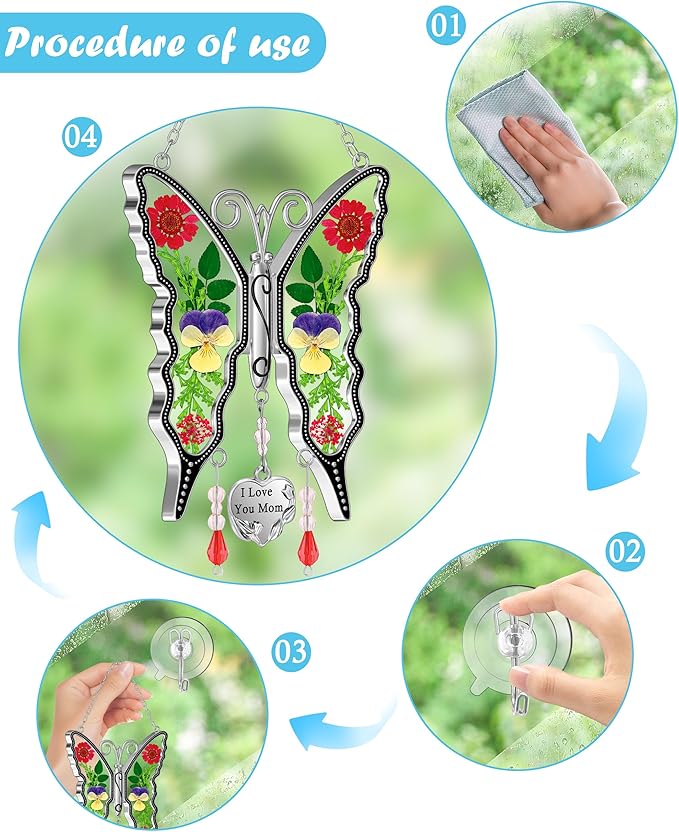 KY&BOSAM Gifts for Mom Butterfly Suncatcher Mom Gifts Mothers Day I Love You Mom Stained Glass Sun Catcher for Window Hangings Wind Chime Ornament Birthday Gift for Mother`s Day Valentine`s Christmas