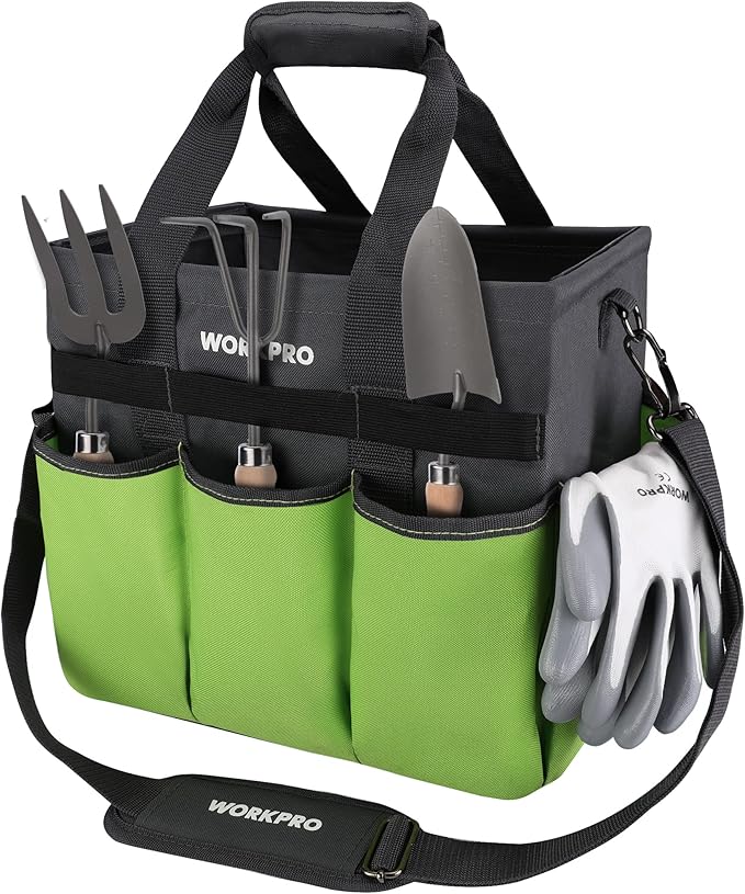 WORKPRO Garden Tool Bag Organizer, Heavy Duty Gardening Tote Bag with 10 Pockets and Long Adjustable Shoulder Strap, Standable Garden Home Tool Kits Organizer, Green
