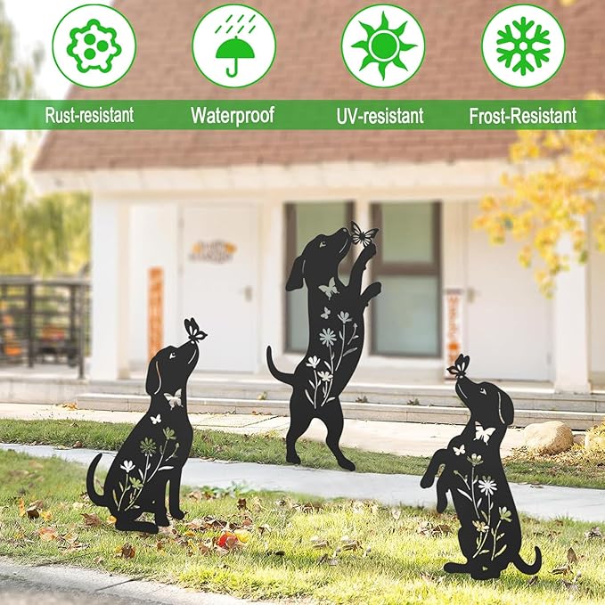 Metal Dog Statues for Garden,3 Pack Silhouette Beagle Garden Decor for Outside,Outdoor Dog Decor