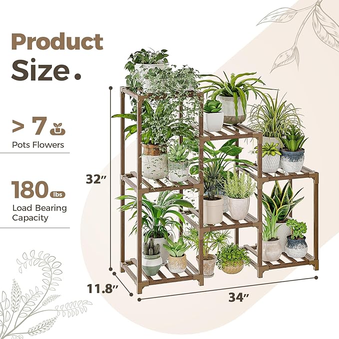 Bamworld Plant Stand Indoor Plant Shelf Outdoor Wood Plant Rack for Multiple Plants 3 Tiers Ladder Plant Pot Holder for Living Room Patio Boho Home Decor for Gardening