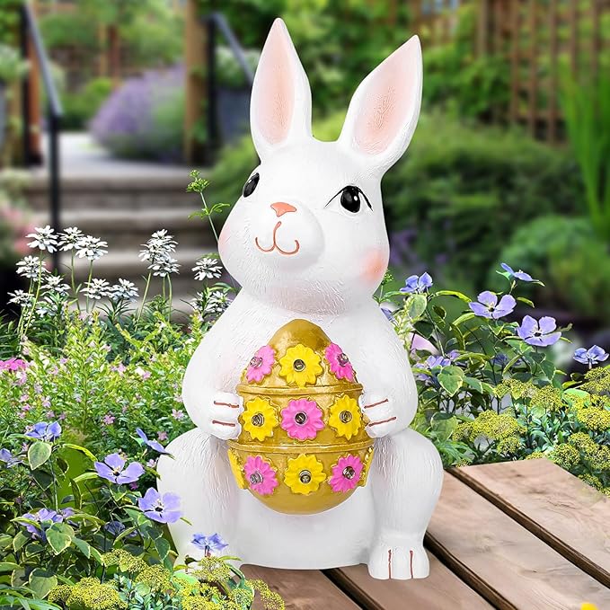 Brightever Outdoor Solar Garden Statues, Bunny with Easter Egg and 9 RGB LED Lights, Outdoor Figurine Lights - Solar Powered Garden Sculpture Easter Gifts for Kids, Women, Wife, Birthday