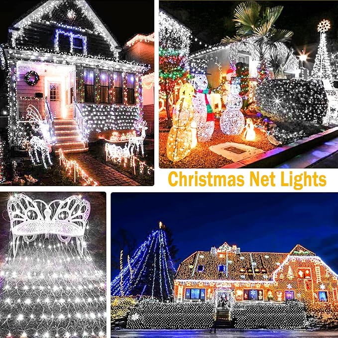 KNONEW Christmas Net Lights 360 LEDs 13ft x 9.8ft Outdoor Mesh Lights Connectable Waterproof 8 Modes & Timer Plug-in Net Fairy Lights for Bushes Garden Party Wedding Holiday,Cool White