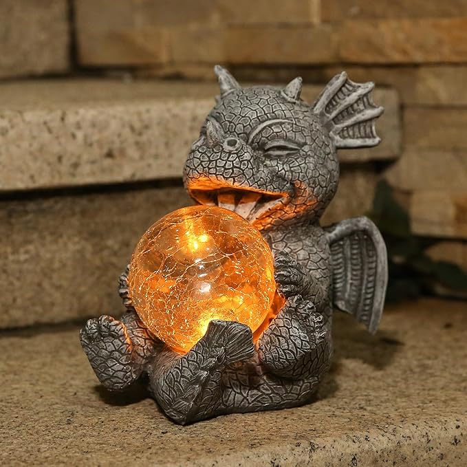 Solar Powered Dragon LED Light Garden Statue Outdoor Decorative Sculpture with Crackle Glass Ball Waterproof Yard Art Decor for Patio Lawn