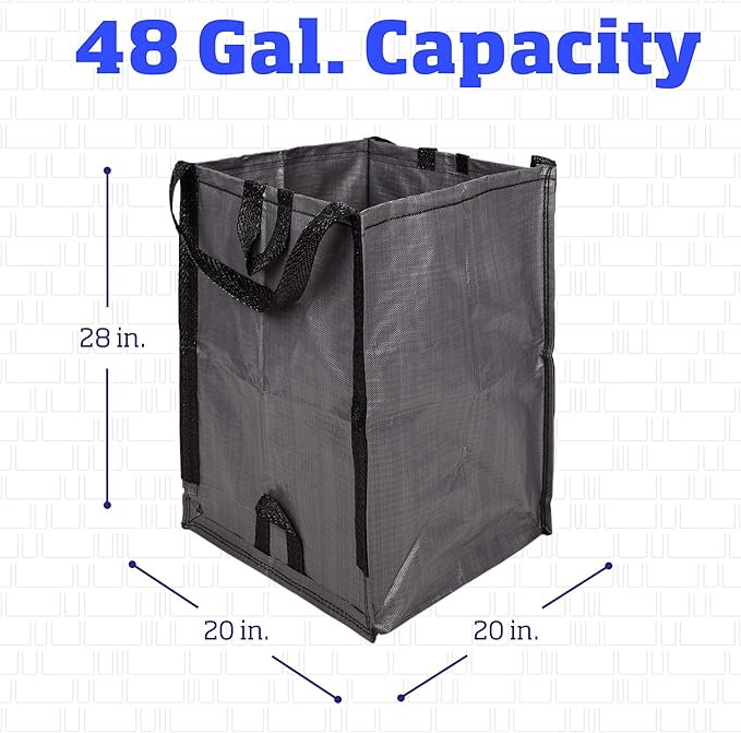 DURASACK Heavy Duty Home and Yard Waste Bag 48-Gallon Woven Polypropylene, Reusable Lawn and Leaf Garden Bag with Reinforced Carry Handles, Pop-Up Self-Standing Garbage Can, Gray, Pack of 3