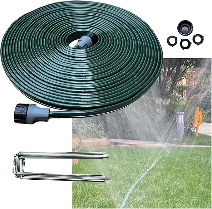 Watoo 2025 50 FT Flat Sprinkler Hose for Lawn Watering Garden Soaker Hose with Holes, Heavy Duty Lightweight No-Kink Water Hose with Stakes, Irrigation Hose, Great Fun for Kids and Dog