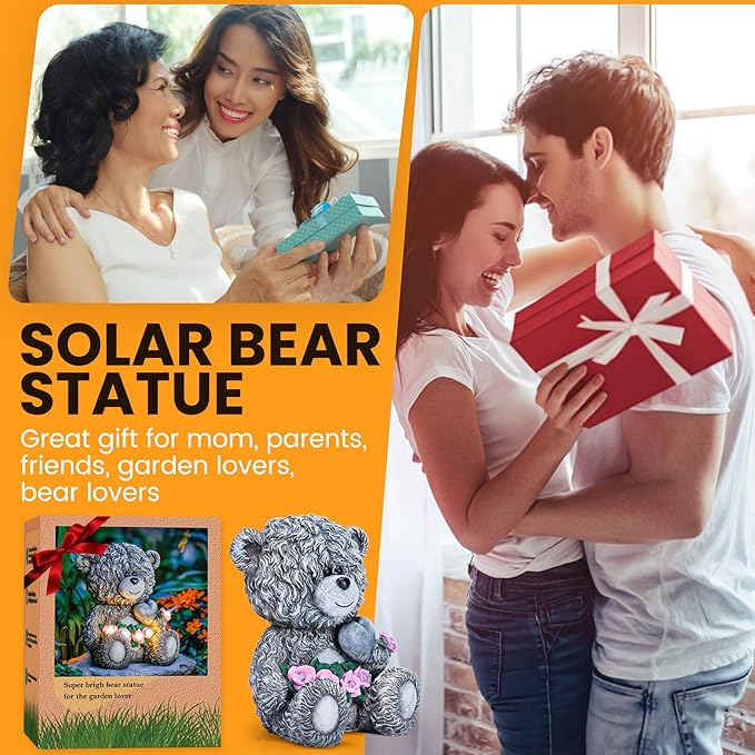 Solar Garden Outdoor Statues Bear with Heart and Pink Flower and 5 LED Lights-Lawn Decor Bear Statue for Patio, Balcony, Yard Ornament-Unique Valentine's Day and Housewarming Gifts for Mom, Women