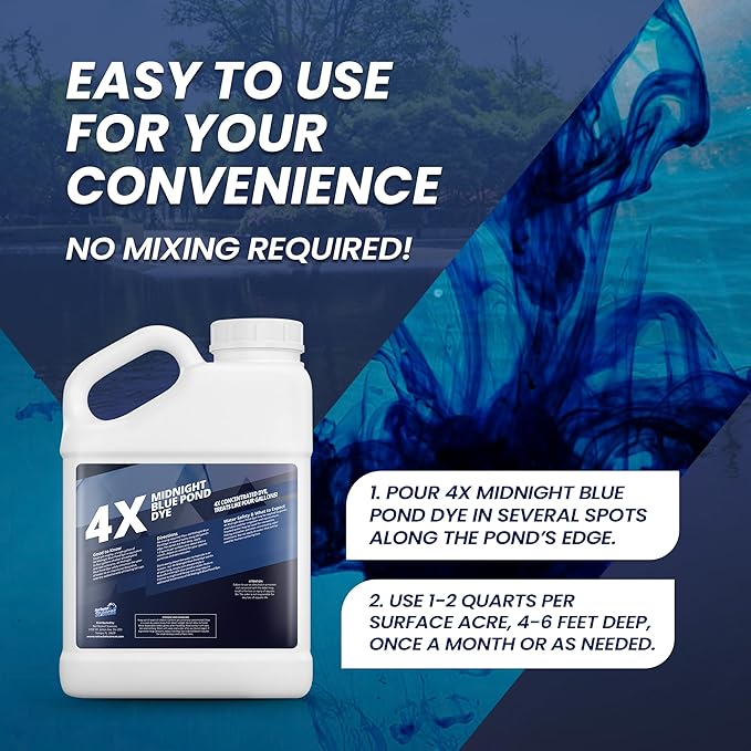 1 Gallon Midnight Blue Pond Dye, 4X Concentrate Pond Dye Blue, Dark Natural Looking Aquashade for Beautiful Lake Water, Long-Lasting Colorant, Protects Against Sunlight - Ideal for Fish & Wildlife