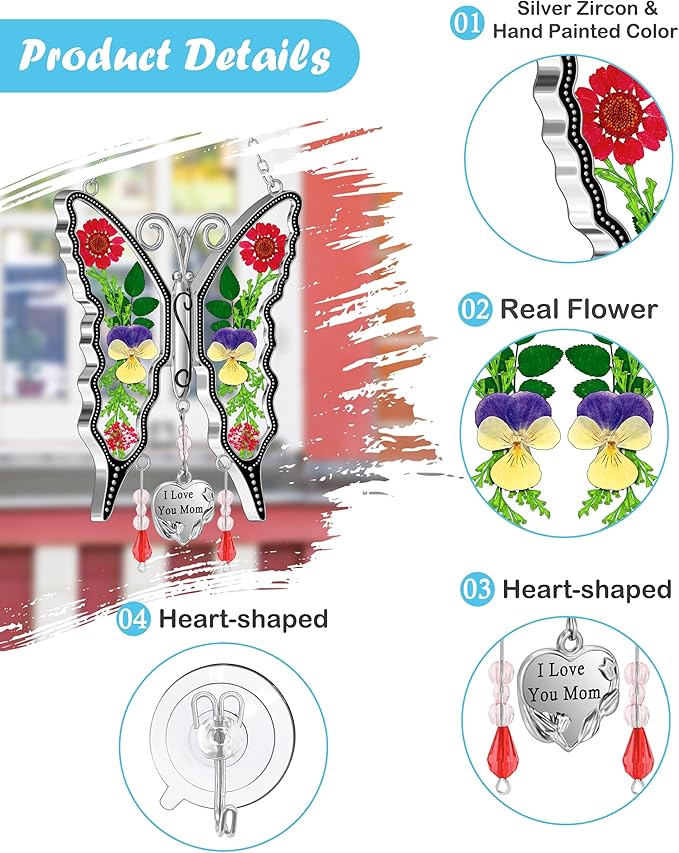 KY&BOSAM Gifts for Mom Butterfly Suncatcher Mom Gifts Mothers Day I Love You Mom Stained Glass Sun Catcher for Window Hangings Wind Chime Ornament Birthday Gift for Mother`s Day Valentine`s Christmas