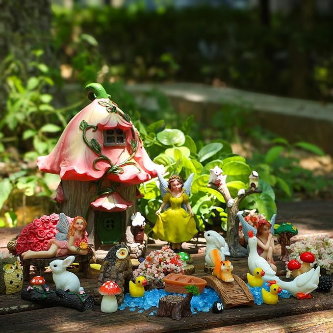 93 Pcs Fairy Garden House Resin Accessories Fairy Elves Kit Miniature Fairy Figurines Ornaments Fairy Animals Decor Outdoor for DIY Dollhouse
