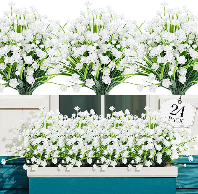 24 Bundles Artificial Flowers for Outdoor,No Fade Fake Plastic Flowers Faux Plants for Decoration Hanging Planters Indoor Outside Garden Porch Window Box Home Wedding Farmhouse