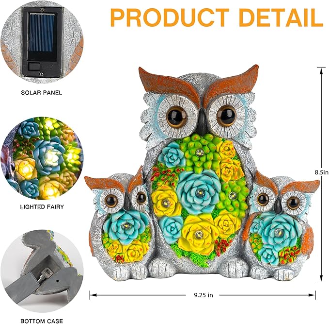 Solar Garden Statue Lights Owl Figurine with LED Lights, Outdoor Garden Succulent Ornaments Christmas Gift Waterproof Decoration for Outside Patio Yard Lawn Decor