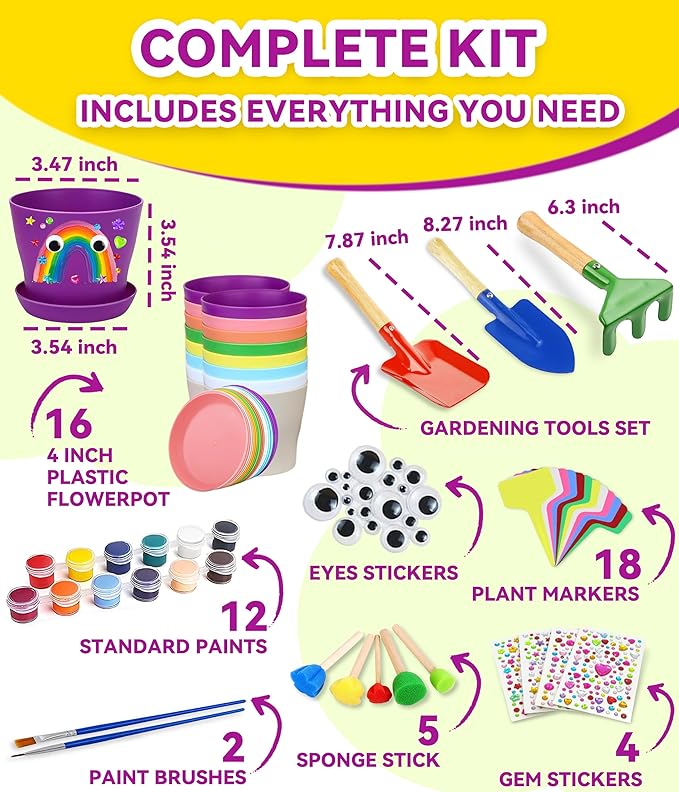 PAITIN Paint & Plant Flower Gardening Kit - 4 Inch Plant Pots, Kids Gardening Tools, Plant Labels, Paints, Brushes, Gem & Eye Stickers - Perfect Gardening Gifts for Women & Kids