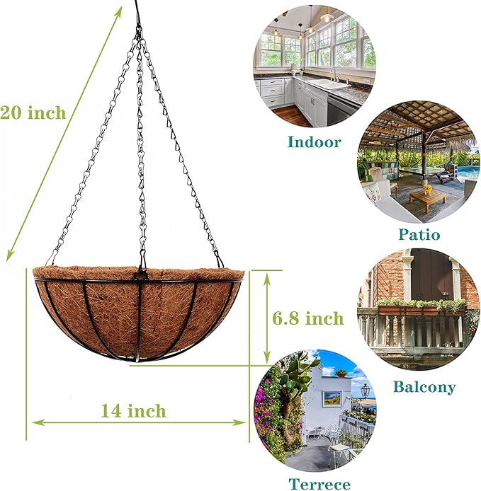 Hanging Planters Basket Outdoor Indoor(14 inch 4 Pack)-Coconut Coir Hanging Baskets for Plants Outdoor,Metal Wire Baskets with Coco Liner Window Box Planters, hanging Flower Pots For Railingsā¦