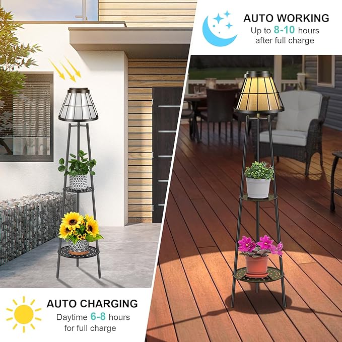 2 Pack Solar Lights Outdoor with Plant Stands, Solar Floor Lamp Street Lights Metal Tripod Patio Lights for Garden Yard Pathway Driveway Front/Back Porch Decoration
