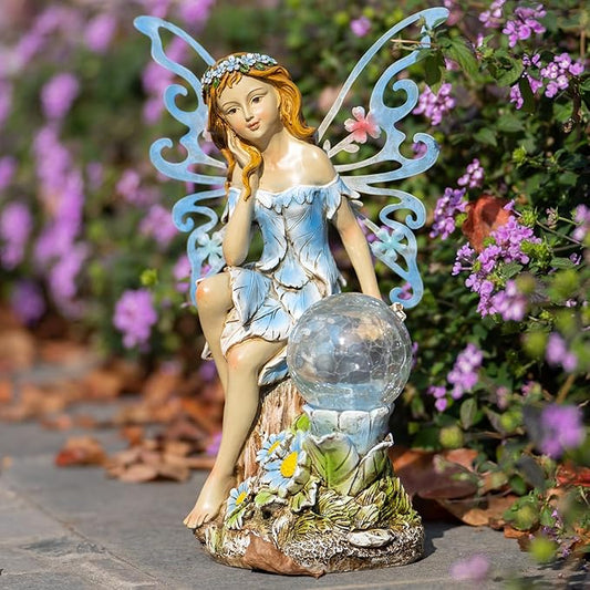 Garden Fairy Decor,Solar Outdoor Statues, Fairy Garden Accessories, Fairy Figurine for Outside Gifts,Resin Ornaments for Patio Yard Lawn,Size6.89 x 5.24x 12.68 inches