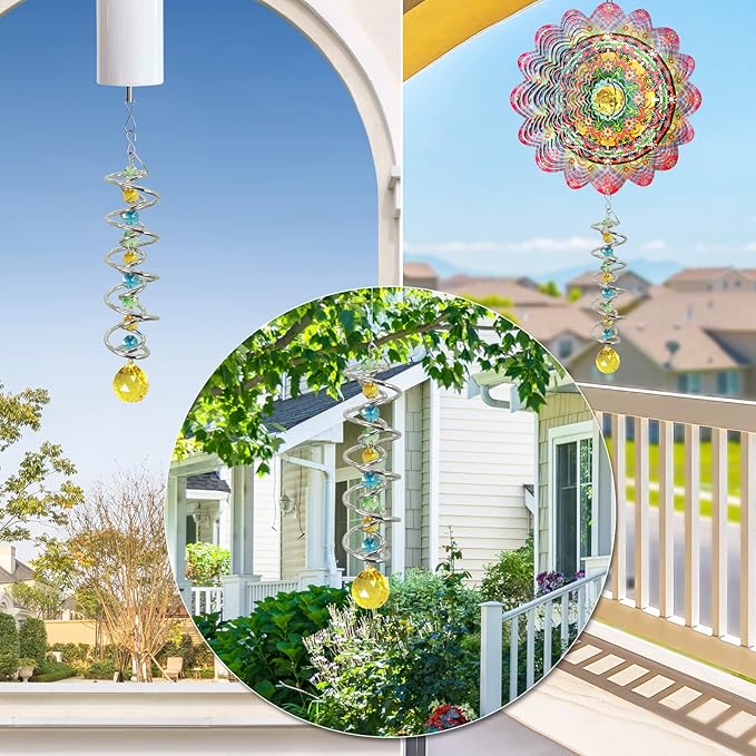 FONMY Gazing Ball Spiral Tail -Decorative Wind Spinner Sun Catcher Rainbow Maker Double-Spiral W/Golden Crystal Ball and Chain Crystals for Indoor Outdoor Garden Decoration -14 inch Height