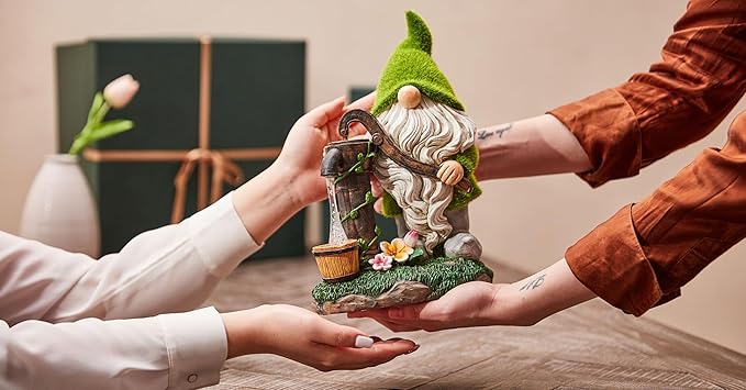 TERESA'S Collections Resin Garden Gnomes Decor with Solar Lights, Light Green Outdoor Decorations for Porch Patio, Gifts for Women and Men,Outdoor Garden Decor Ornaments for Outside, 9"