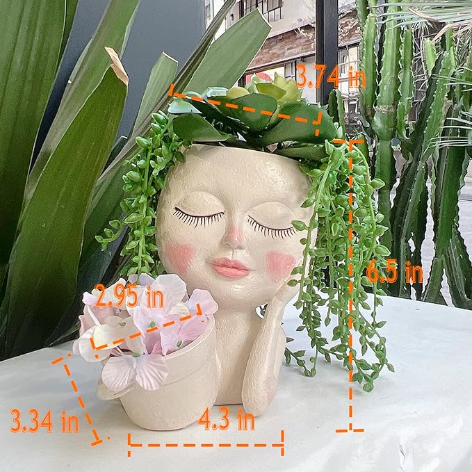 Face Plant Pot - Double Flower Pots for Indoor Outdoor Plants Resin Head Planter with Drainage Hole Cute Lady Face Plant Pots, Garden Decoration Planters, Medium
