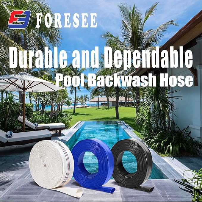 Foresee 2.50 in x 65 ft Backwash Discharge Hose Heavy Duty Reinforced, PVC Lay-Flat Fire Hose (White) with Dual Clamps, for Swimming Pool Pipe, Pump, Water Transfer, Garden Irrigation