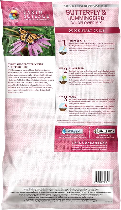 Earth Science 6 lb Wildflower Butterfly & Hummingbird Mix, 3-in-1 Premium Wildflower Seed, Plant Food and Soil Conditioners, Non-GMO for Bees, Hummingbirds, Butterflies, Pollinators