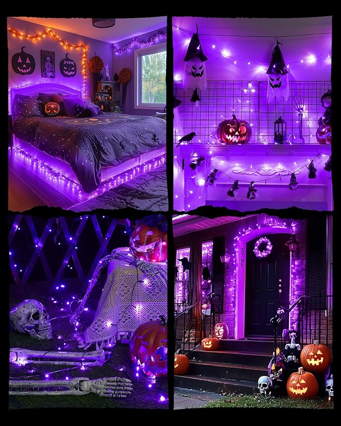 Minetom 196FT Purple Halloween Lights, 600 LED Halloween Fairy String Lights with 8 Modes Remote, Waterproof Plug in Purple Hanging Twinkle Lights for Party Garden Bedroom Halloween Decorations
