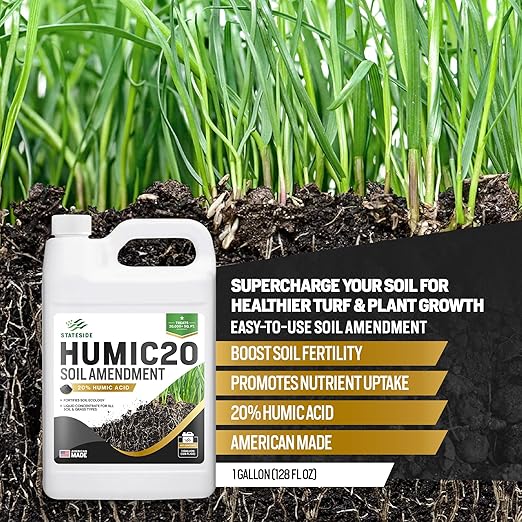 1 Gallon 20% Humic Acid for Lawn - Covers 20,000 sq ft, Humic20 Soil Amendments, Ideal Soil Conditioner for Lawns, Promotes Aeration & Better Structure for Stronger Roots & Healthy Grass Growth