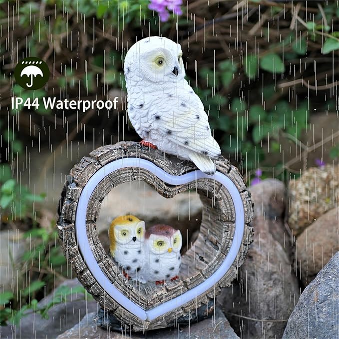 Solar Garden Lights, Solar Sculpture LED Lights, Outdoor Waterproof Handmade Resin Statue, Love Statue Decoration for Path, Yard, Lawn, Gift for Mom Christmas (White Love Owl)