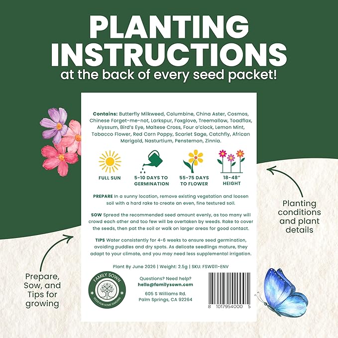 Hummingbird Butterfly Mix - Large 2,500mg Envelope - 500 Flower Seeds for Planting - Wildflower Mix