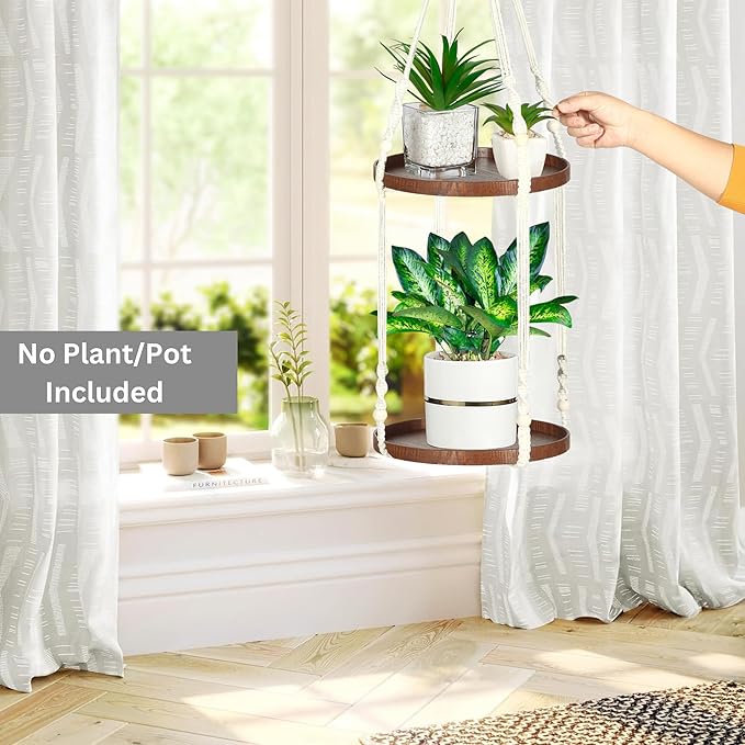 2 Tier Macrame Plant Hanger | Plant Hanger Indoor, Hanging Planter | Hanging Planter Shelf (Beige) (Large, 12" Shelf)