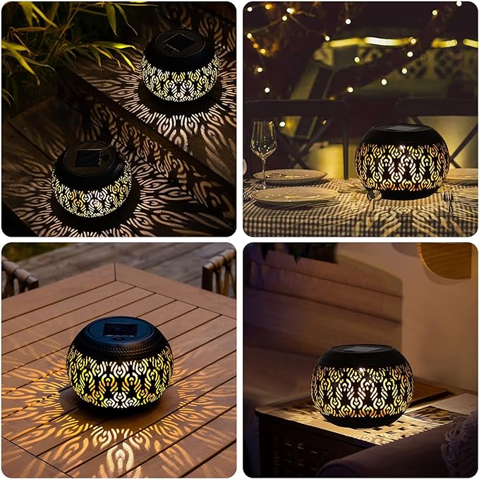 Solar Table Light Outdoor Waterproof- Solar Powered LED Lamp Hollowed-Out Black Peacock Feather Metal Desktop Decorative Lantern for Indoor Desk Bedroom Patio Garden Pathway Yard