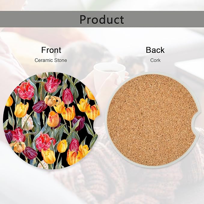 Colorful Tulips Flower Car Coasters,Ceramic Absorbent Cup Holders with Finger Notch & Cork Base Car Assecories for Women/Men 2.6"(2 Pieces)