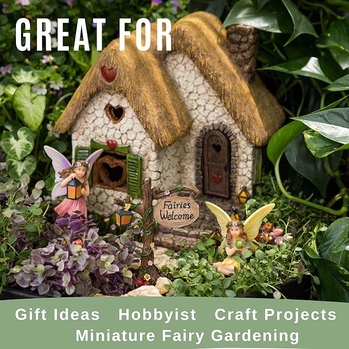 Fairy Garden House Kit – Complete with Accessories, House 7” High with Door That Opens & Fairies for Outdoor Gardens – 4 Pieces