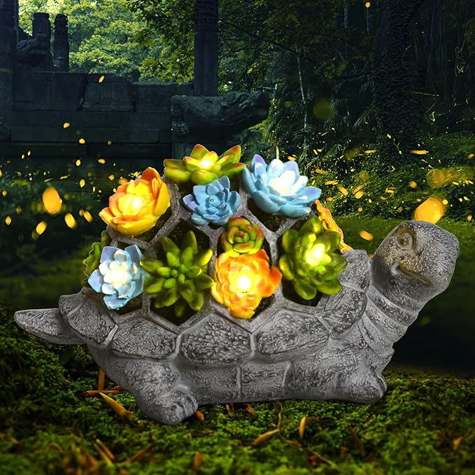 SIX FOXES Solar Garden Outdoor Statues Turtle with Succulent LED Lights - Large Size XXL(10.2×4.3×5.9 inches), Gifts for Mothers Day Mom Gifts for Women Grandma Wife